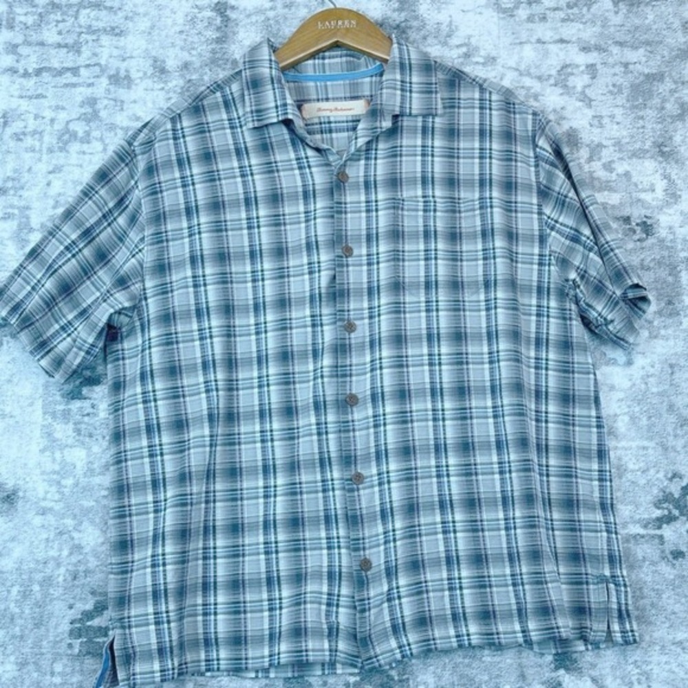 Tommy Bahama Men's Silk Plaid Short Sleeve Button‎ Up Shirt Purple Blue Coastal